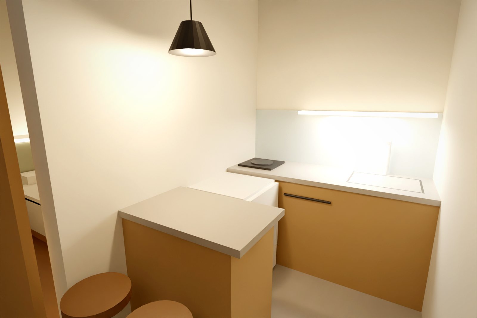 Dapur L dan meja bar tipe Dua Ruang